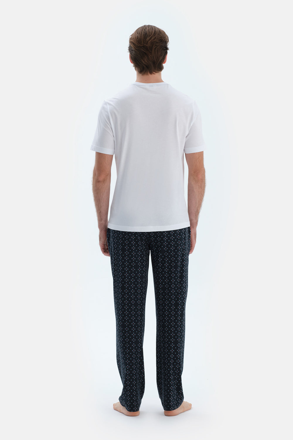 Ekru Cep Detaylı Kısa Kollu Tişört Mıkroprınt Desenli Pantolon Pijama Takımı