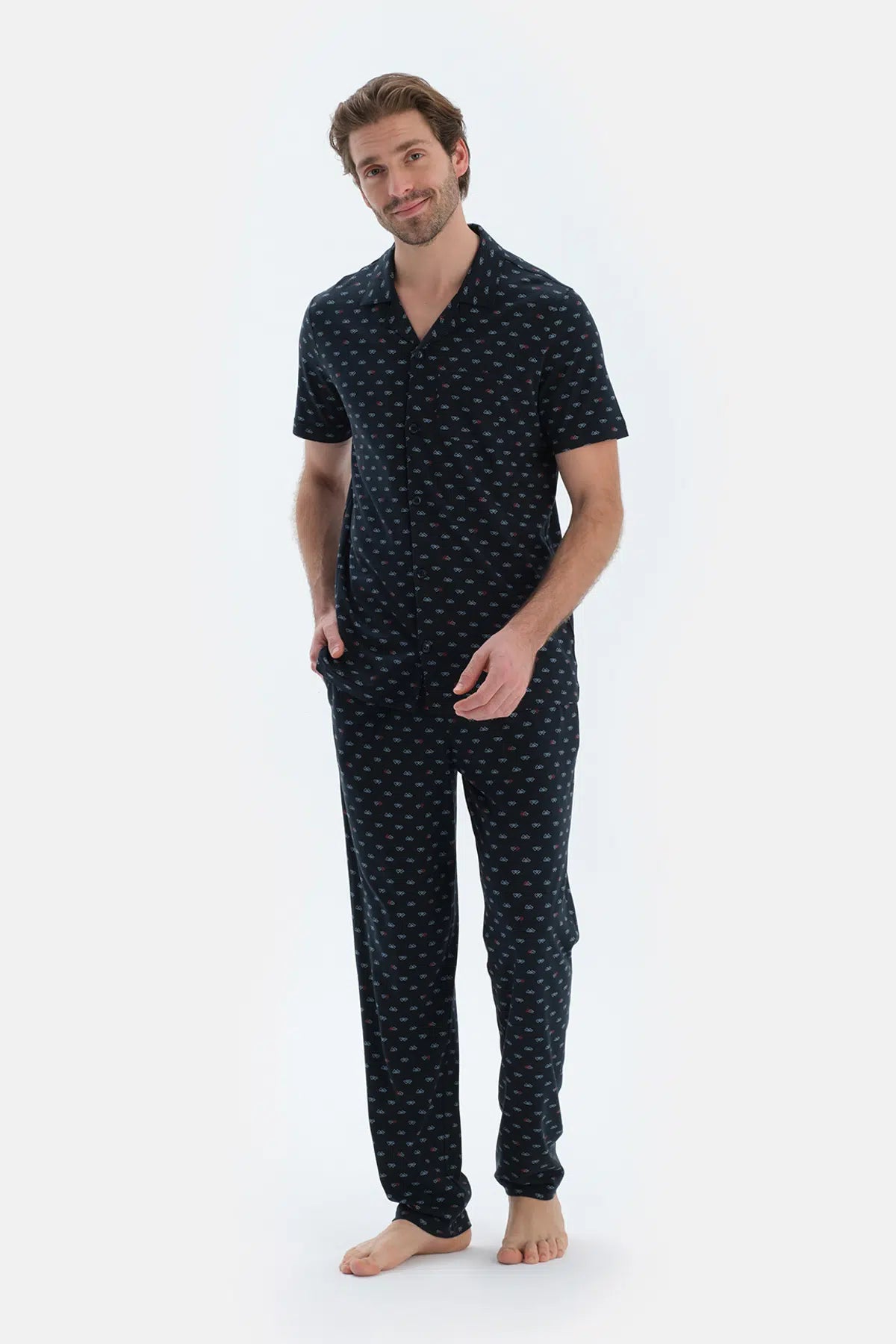 Lacivert Mıkroprınt Baskılı Penye Modal Gömlek Pantolon Pijama Takımı