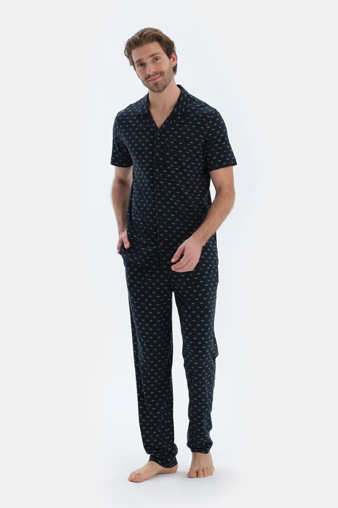 Lacivert Mıkroprınt Baskılı Penye Modal Gömlek Pantolon Pijama Takımı