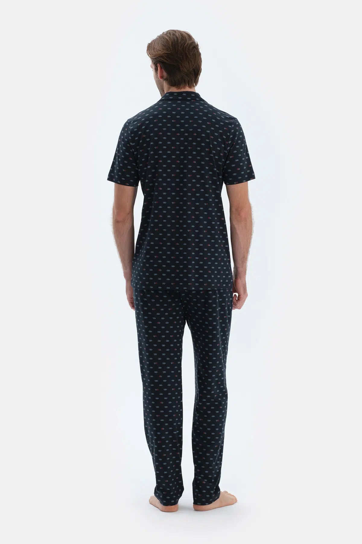 Lacivert Mıkroprınt Baskılı Penye Modal Gömlek Pantolon Pijama Takımı