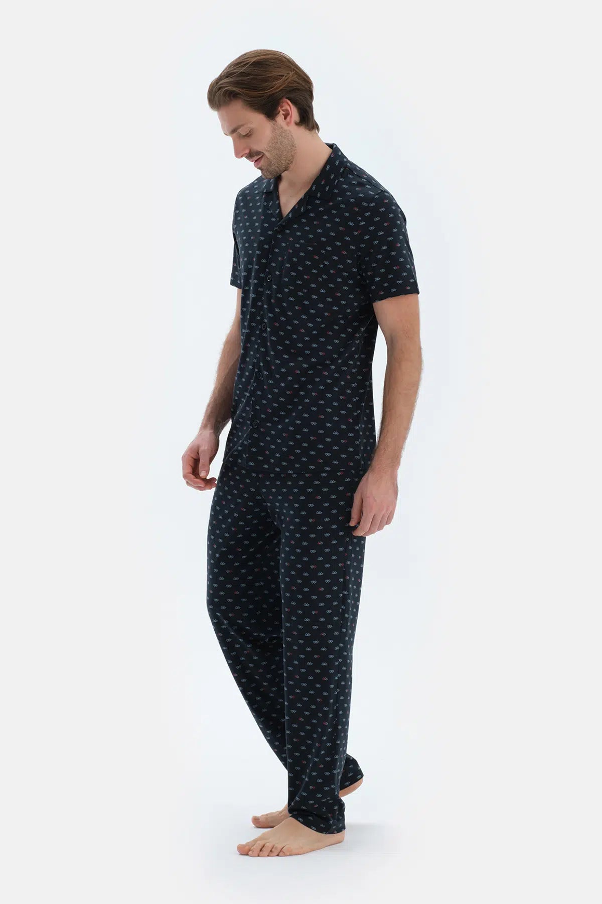 Lacivert Mıkroprınt Baskılı Penye Modal Gömlek Pantolon Pijama Takımı