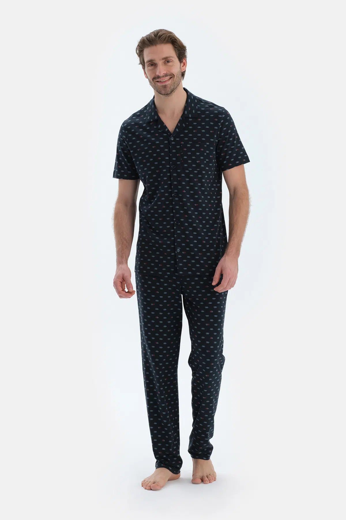 Lacivert Mıkroprınt Baskılı Penye Modal Gömlek Pantolon Pijama Takımı