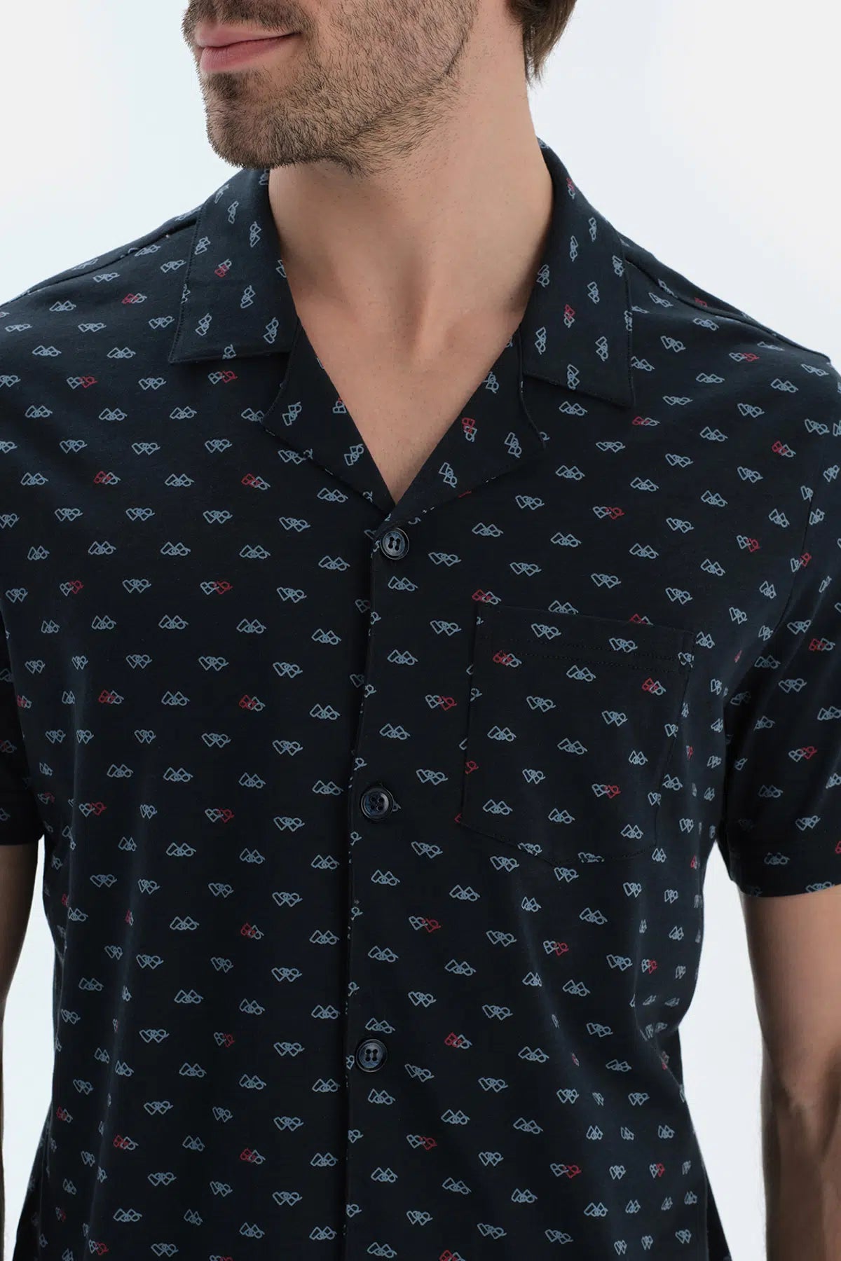 Lacivert Mıkroprınt Baskılı Penye Modal Gömlek Pantolon Pijama Takımı