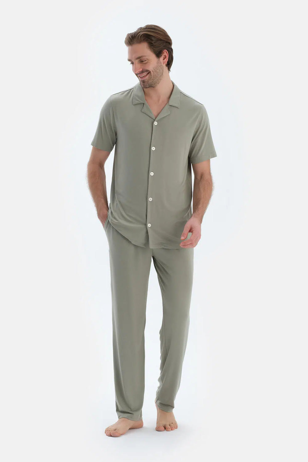 Bej Kısa Kollu Basıc Gömlek Pantolon Pijama Takımı