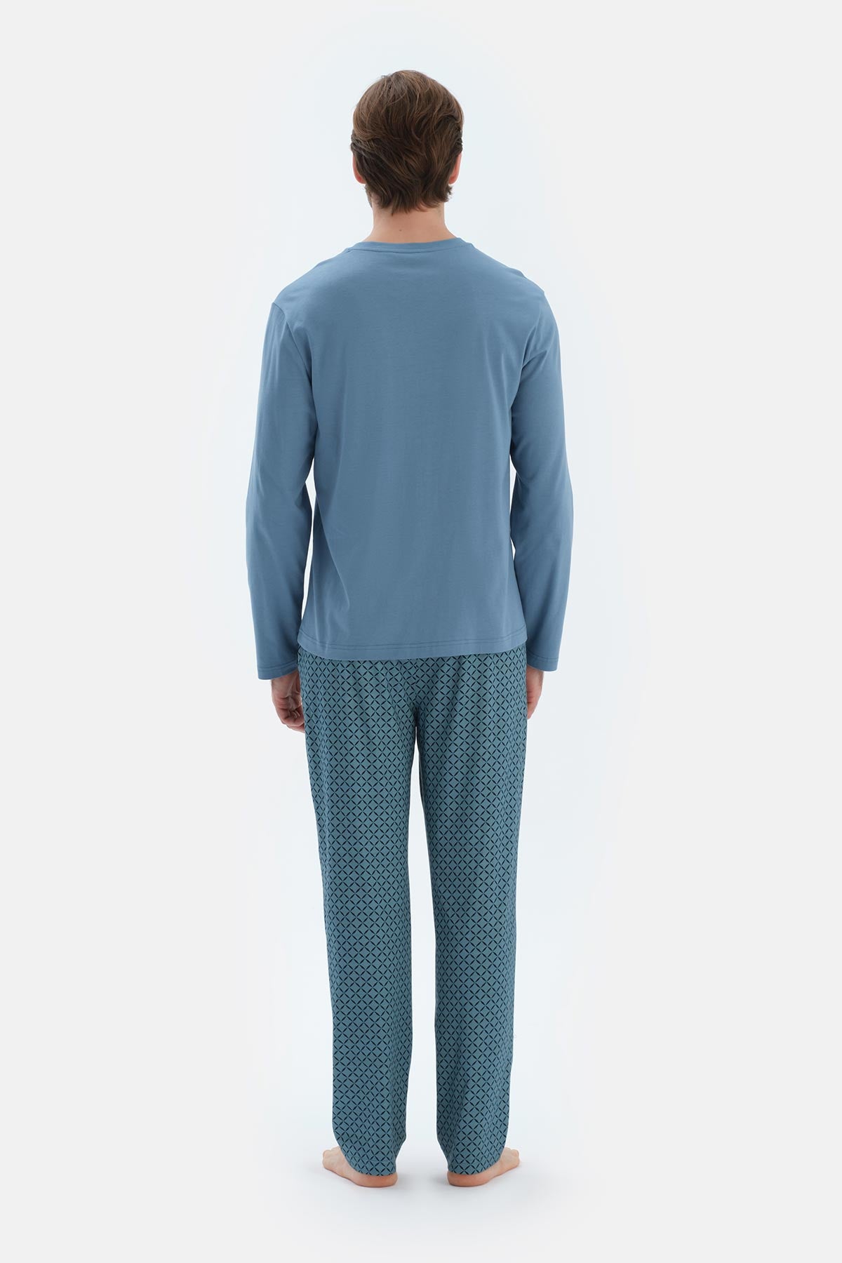Mavi V Yaka Uzun Kollu Basıc Tişört Pantolon Pijama Takımı