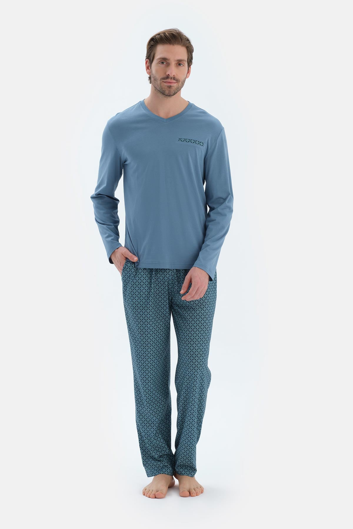 Mavi V Yaka Uzun Kollu Basıc Tişört Pantolon Pijama Takımı