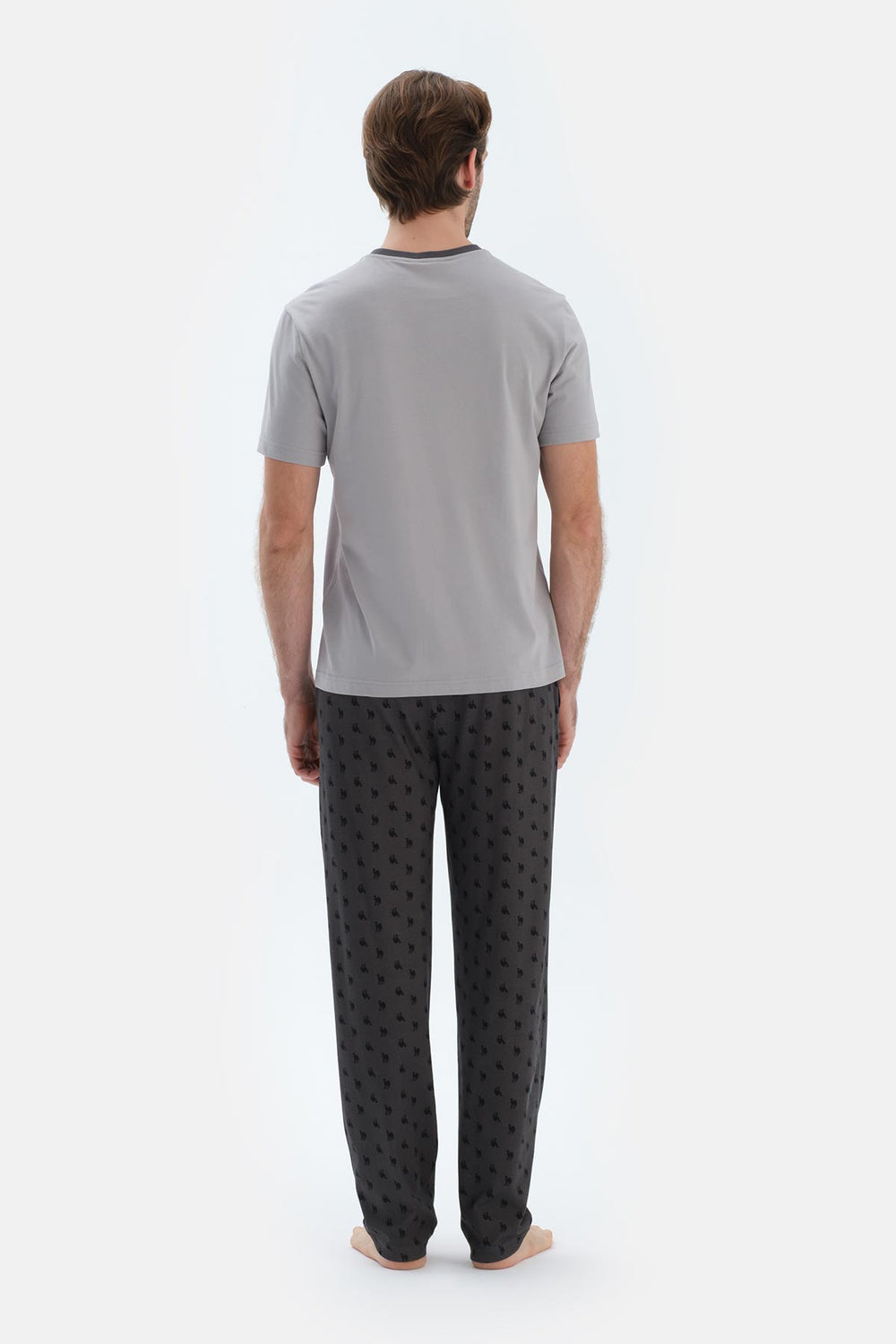 Gri Kısa Kollu Baskı Detaylı Tişört Pantolon Pijama Takımı