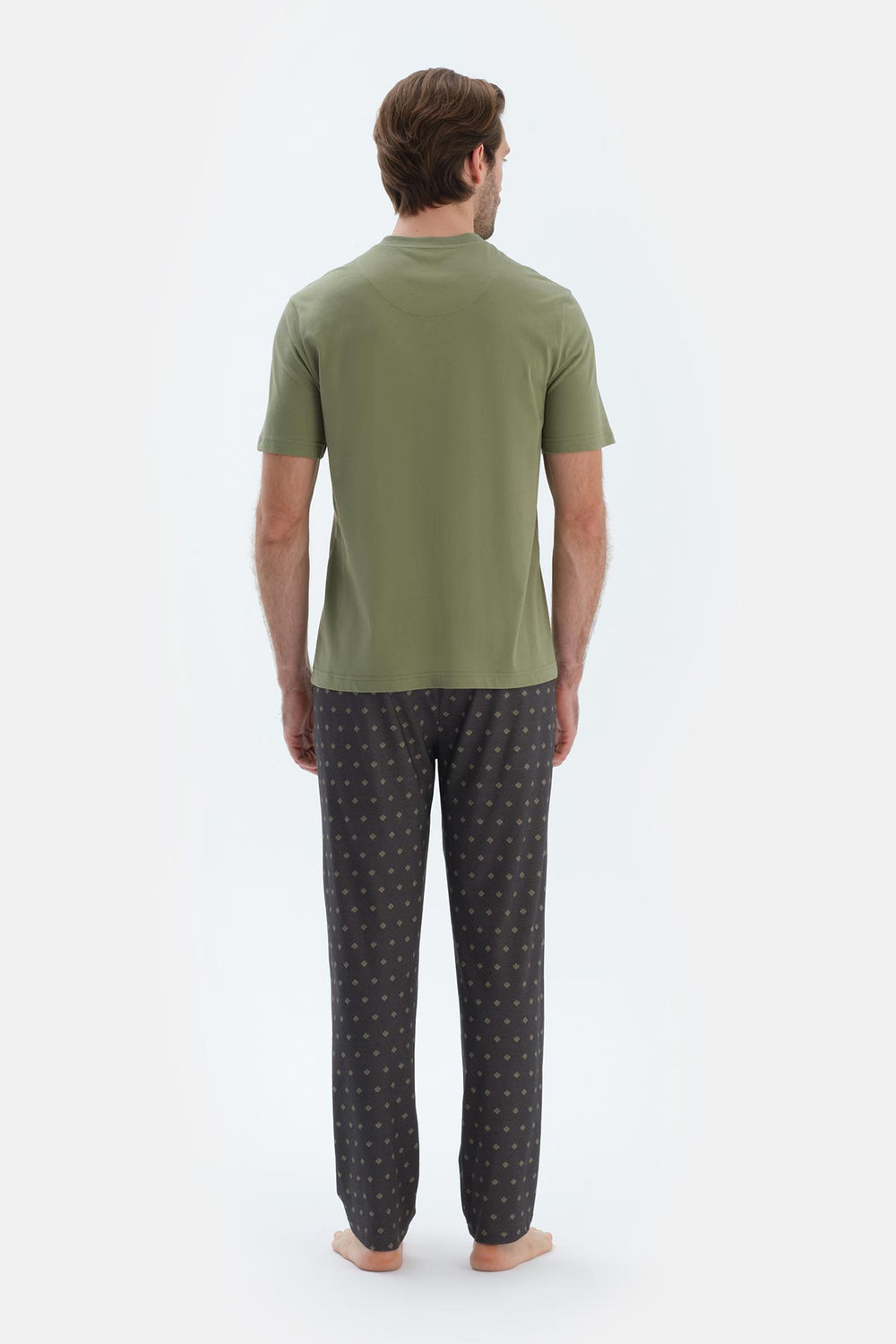 Yağ Yeşili Kısa Kollu Yarım Patlı Tişört Pantolon Pijama Takımı