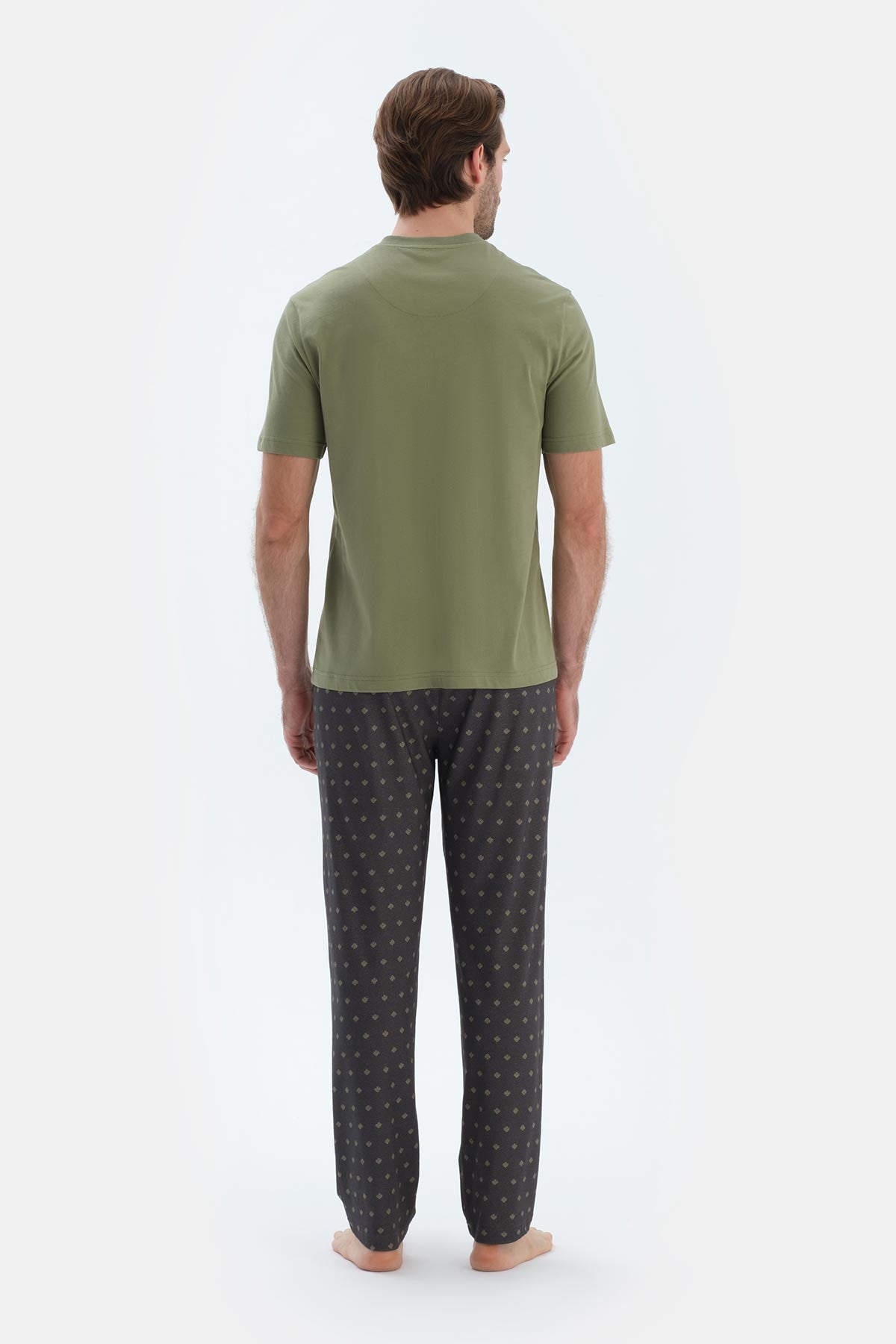 Yağ Yeşili Kısa Kollu Yarım Patlı Tişört Pantolon Pijama Takımı