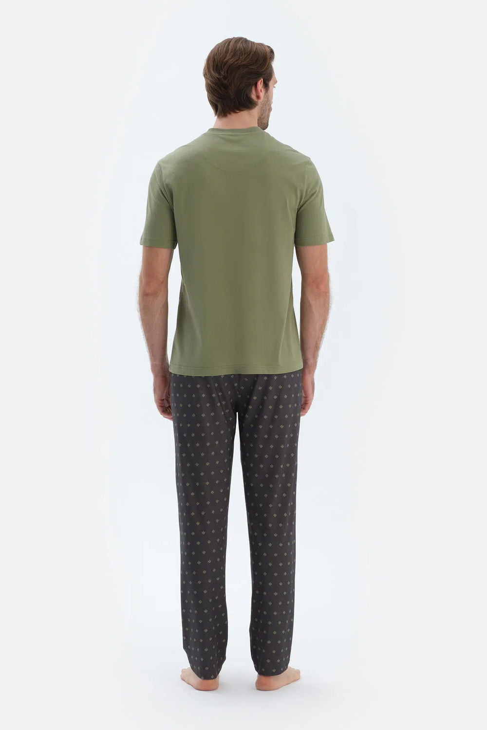 Yağ Yeşili Kısa Kollu Yarım Patlı Tişört Pantolon Pijama Takımı