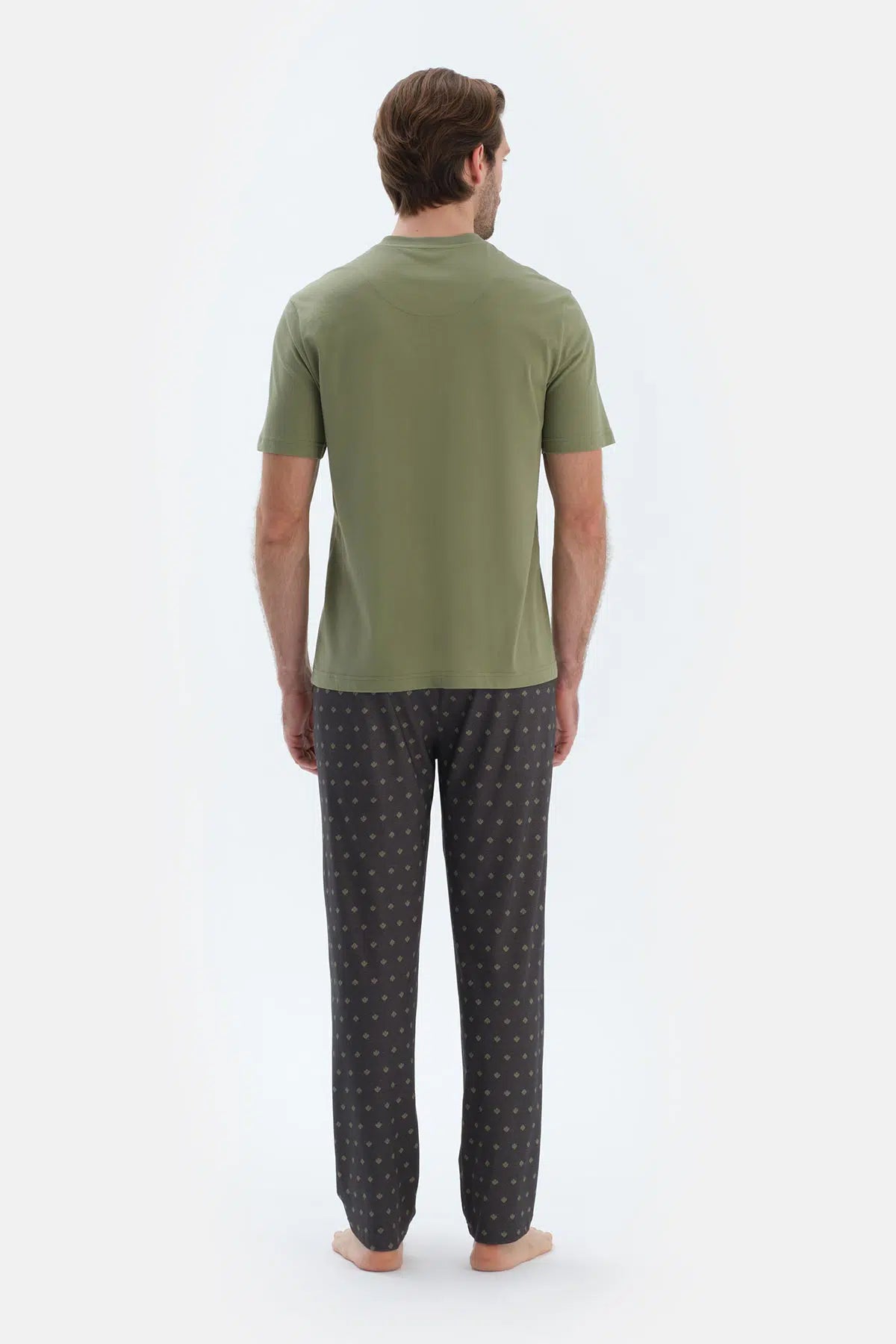 Yağ Yeşili Kısa Kollu Yarım Patlı Tişört Pantolon Pijama Takımı