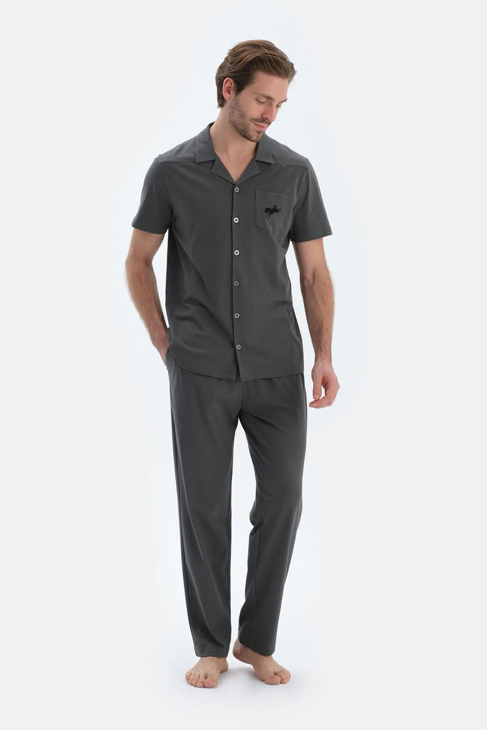 Gri Kısa Kollu Dikiş Detaylı Gömlek Pantolon Pijama Takımı