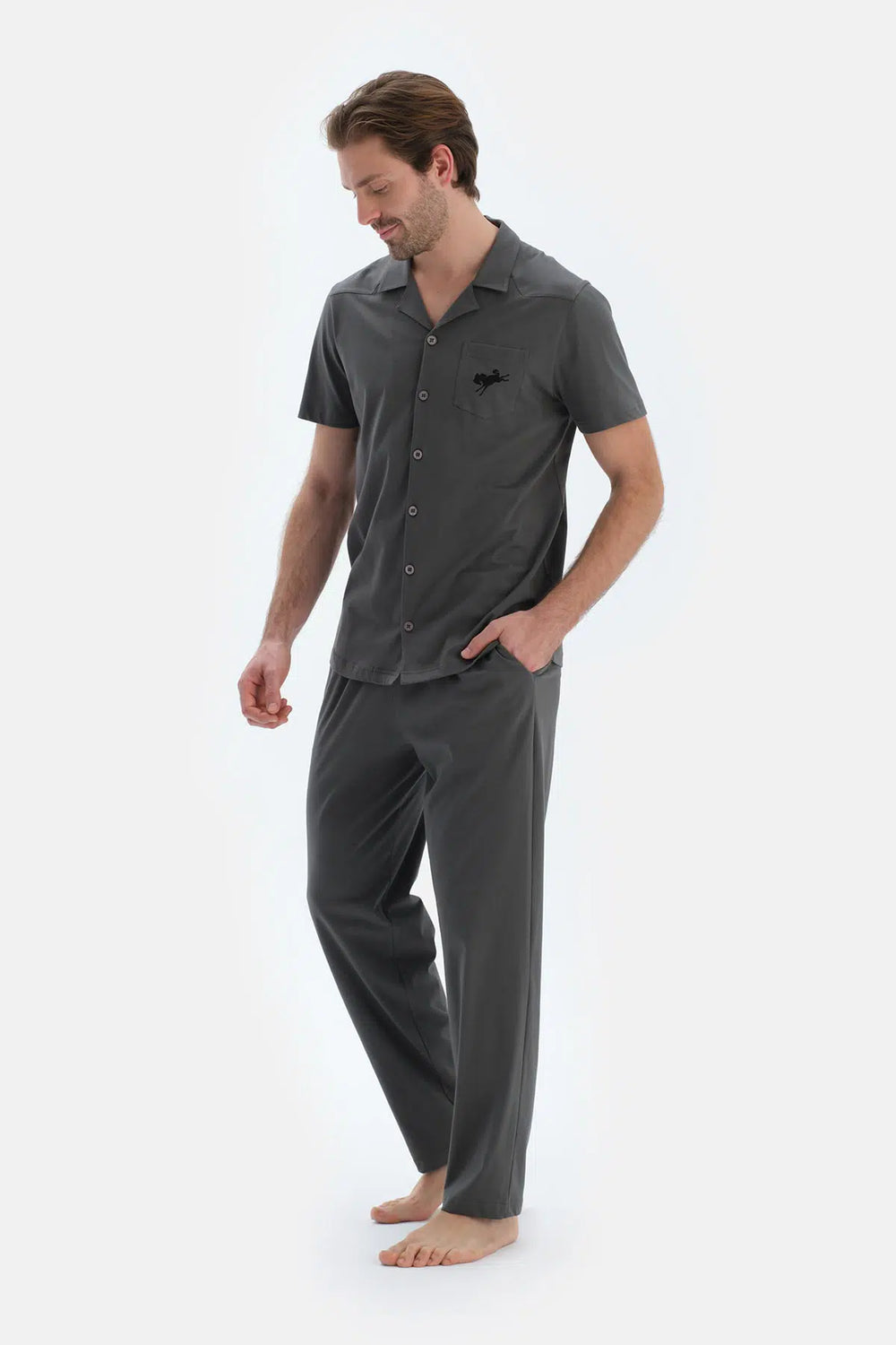 Gri Kısa Kollu Dikiş Detaylı Gömlek Pantolon Pijama Takımı