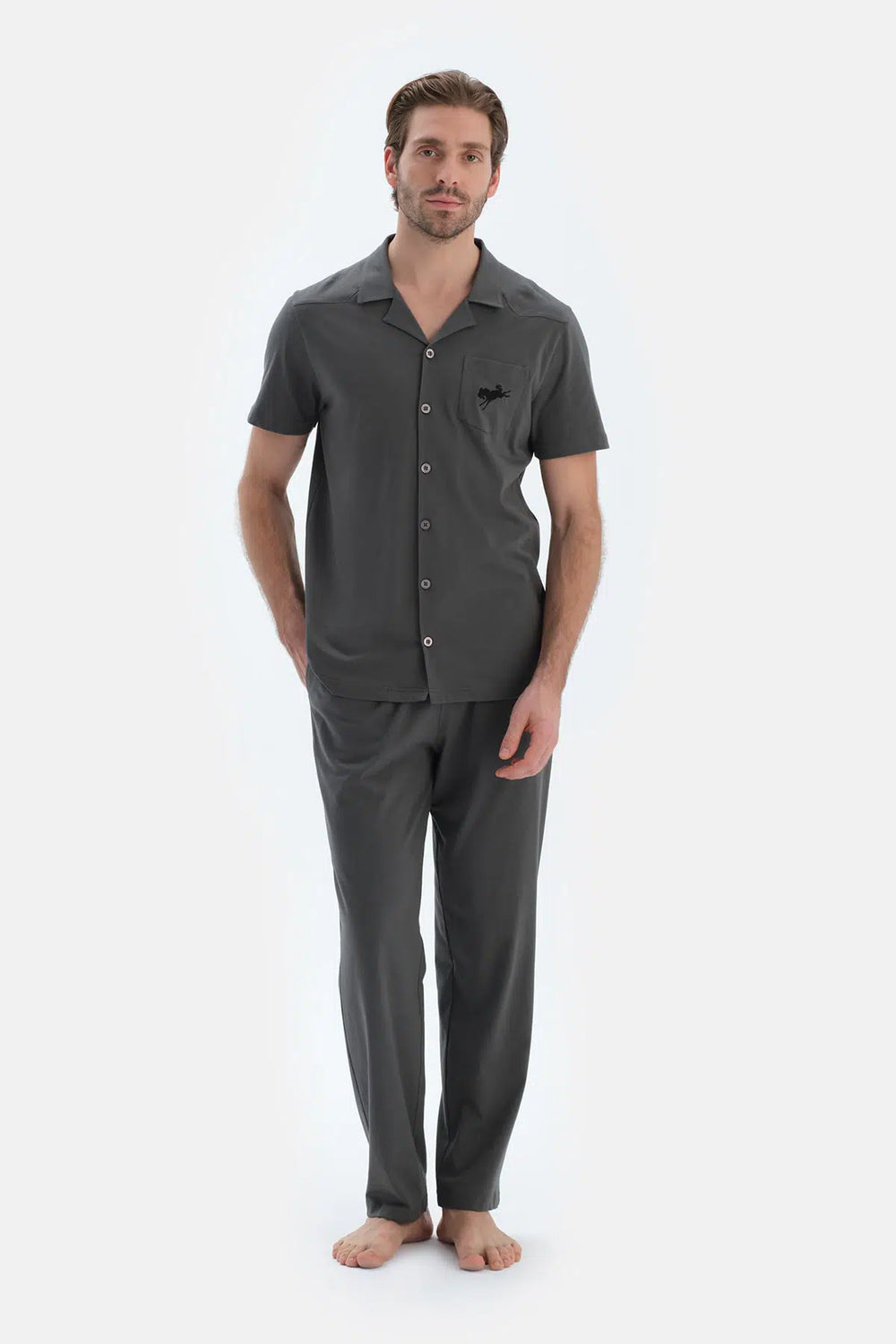 Gri Kısa Kollu Dikiş Detaylı Gömlek Pantolon Pijama Takımı