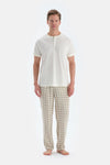 Ekru Gizli Patlı Kısa Kollu Tişört Pantolon Pijama Takımı