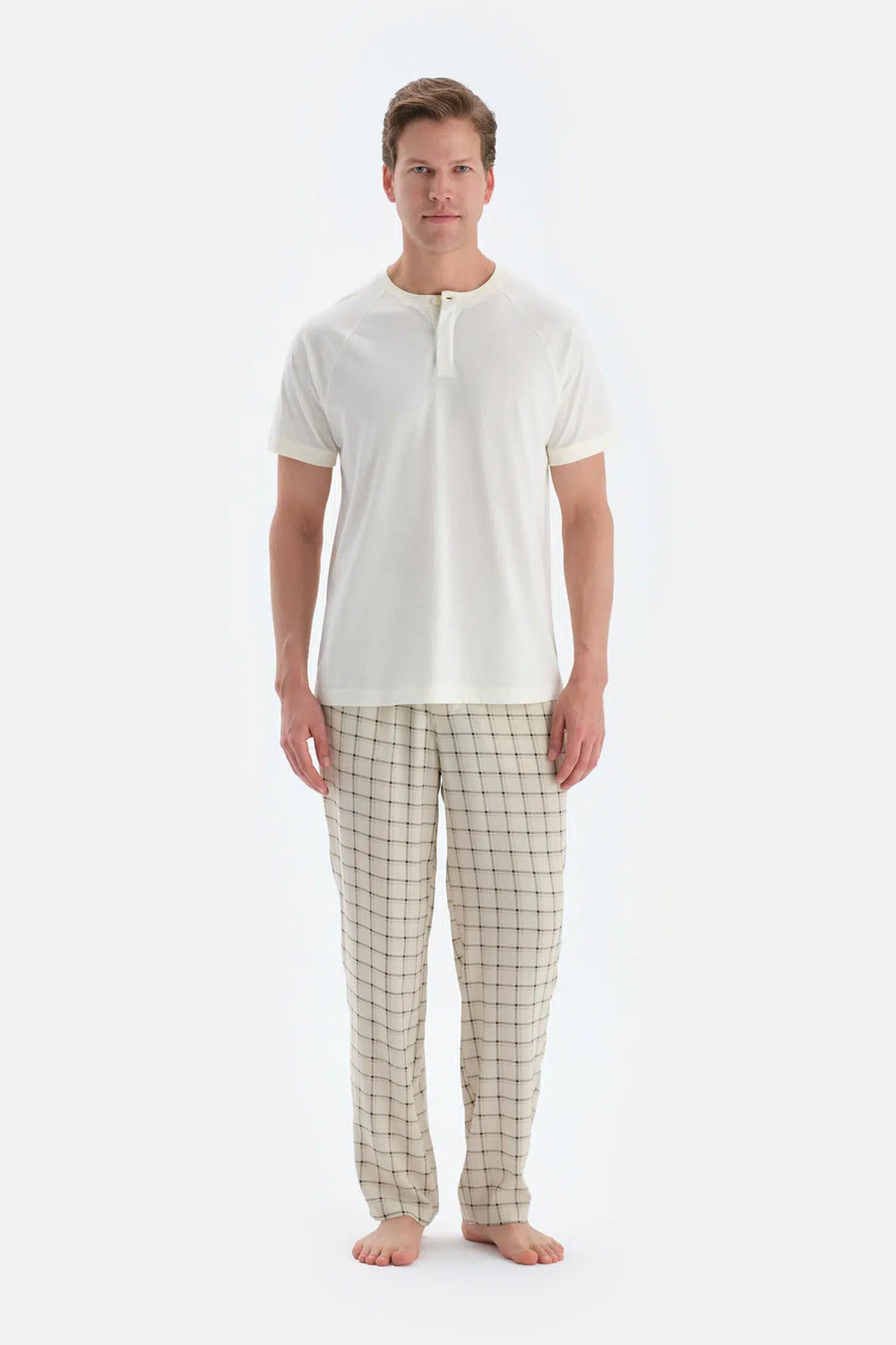 Ekru Gizli Patlı Kısa Kollu Tişört Pantolon Pijama Takımı