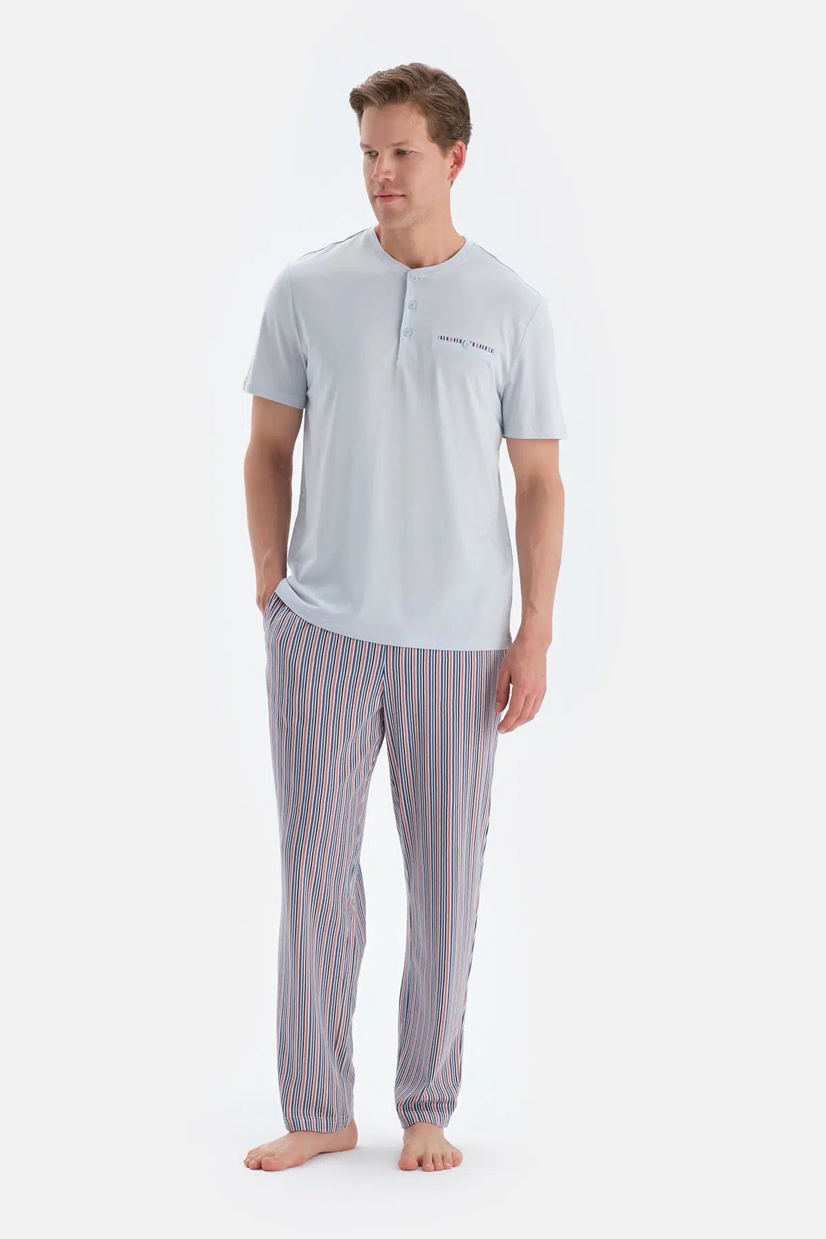 Açık Gri Pat Ve Fleto Cep Detaylı Tişört Pantolon Pijama Takımı