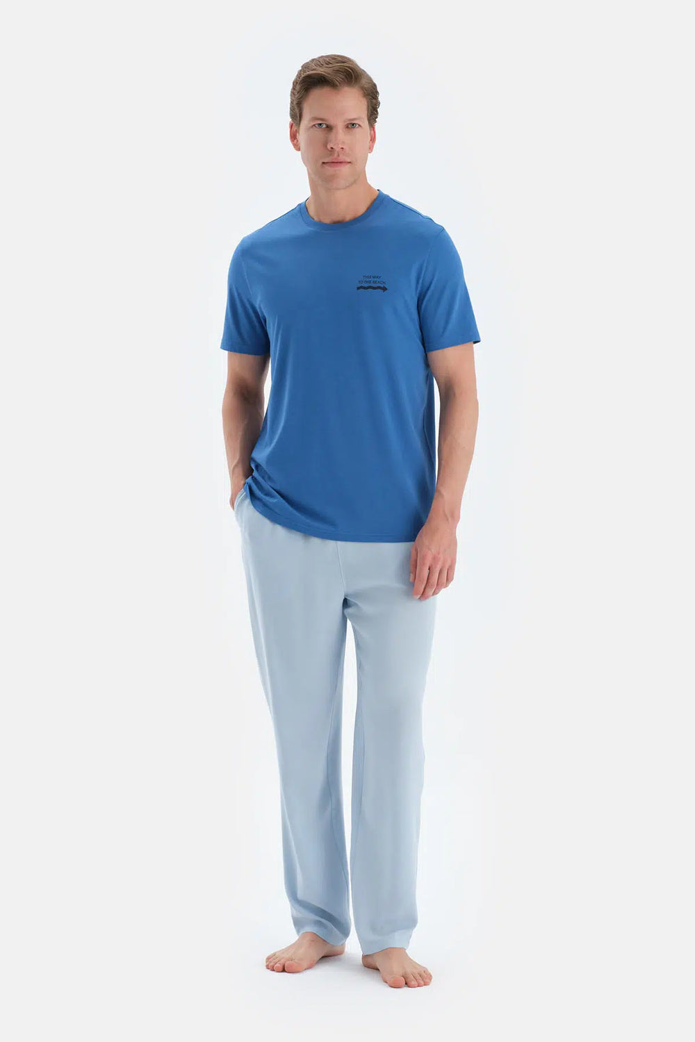 Sax Mavisi Baskı Detaylı Kısa Kollu Tişört Pantolon Pijama Takımı