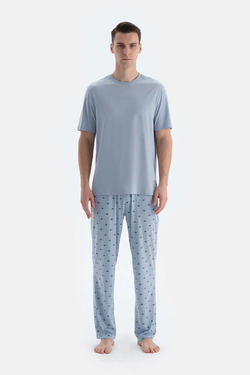 Açık Mavi Etek Ucu Baskılı Kısa Kollu Tişört Pantolon Pijama Takımı