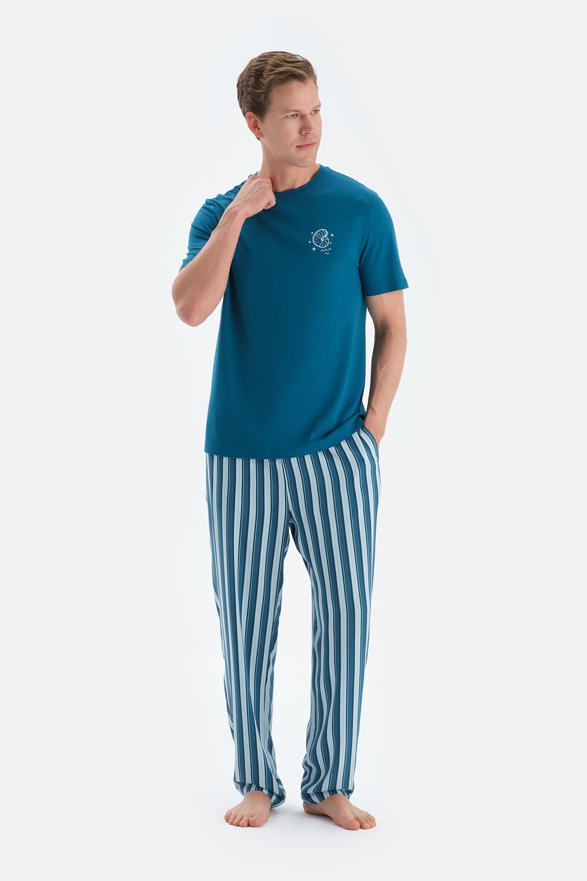 Açık Petrol Baskı Detaylı Kısa Kollu Tişört Pantolon Pijama Takımı