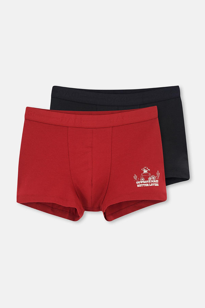 Bordo-Siyah 2'li Parça Baskılı Pamuk Boxer