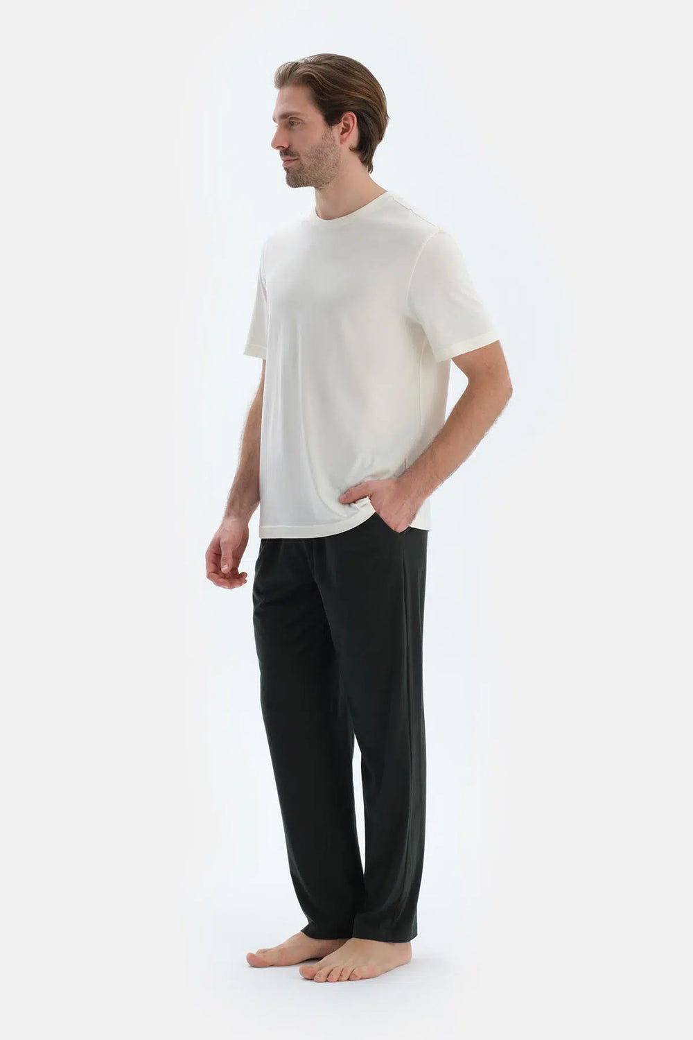 Gri-Siyah Düz Paça Dokuma Etiket Detaylı Penye Modal Ikili Pantolon