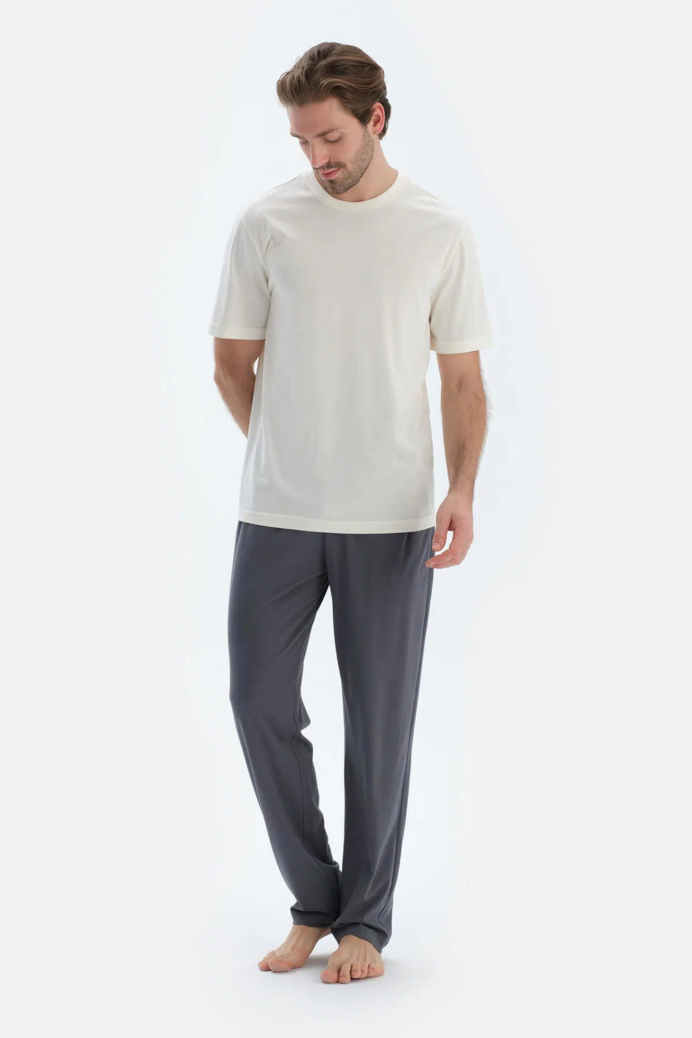 Gri-Siyah Düz Paça Dokuma Etiket Detaylı Penye Modal Ikili Pantolon