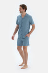 Mavi Kısa Kollu Cepli Basıc Gömlek Şort Pijama Takımı