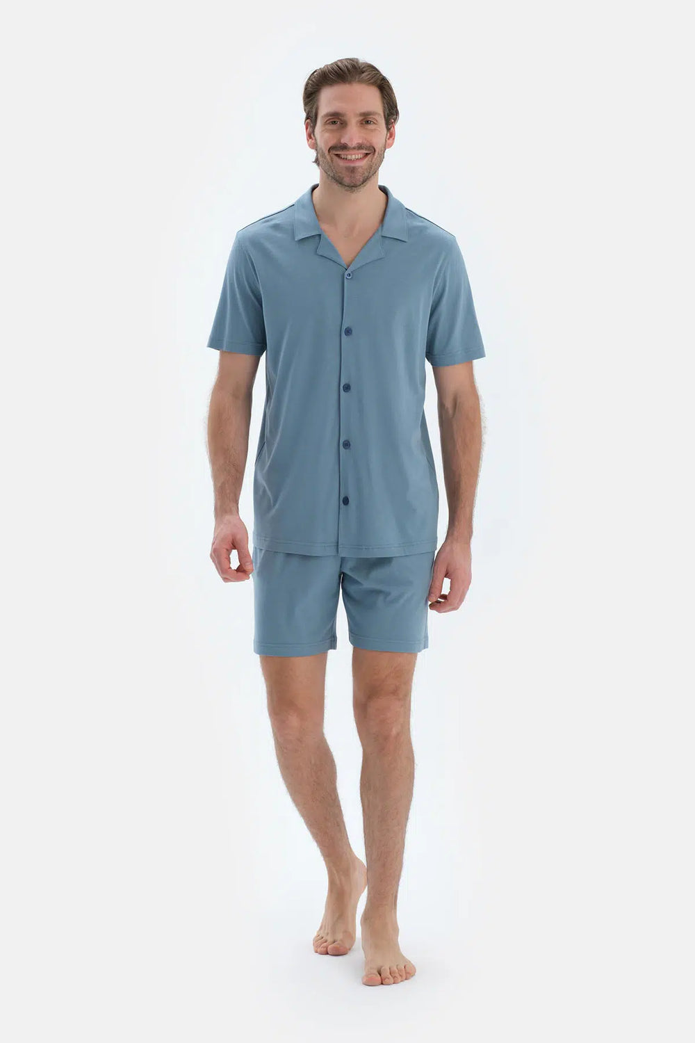 Mavi Kısa Kollu Cepli Basıc Gömlek Şort Pijama Takımı