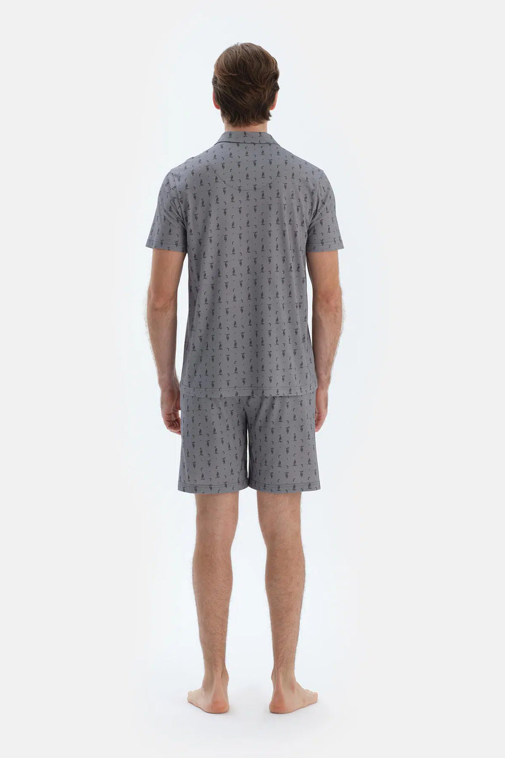 Gri Metraj Baskılı Gömlek Şort Pijama Takımı