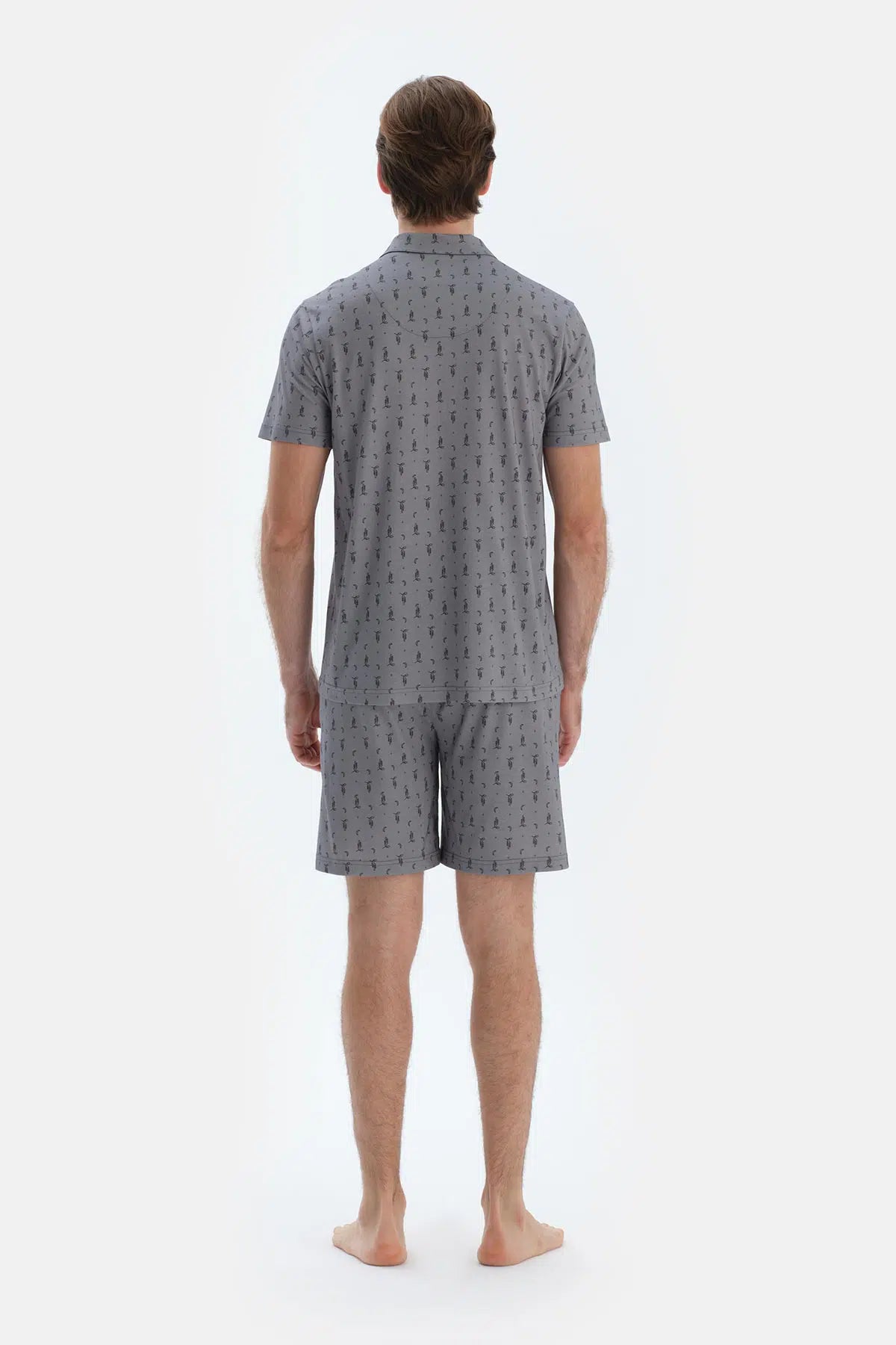 Gri Metraj Baskılı Gömlek Şort Pijama Takımı