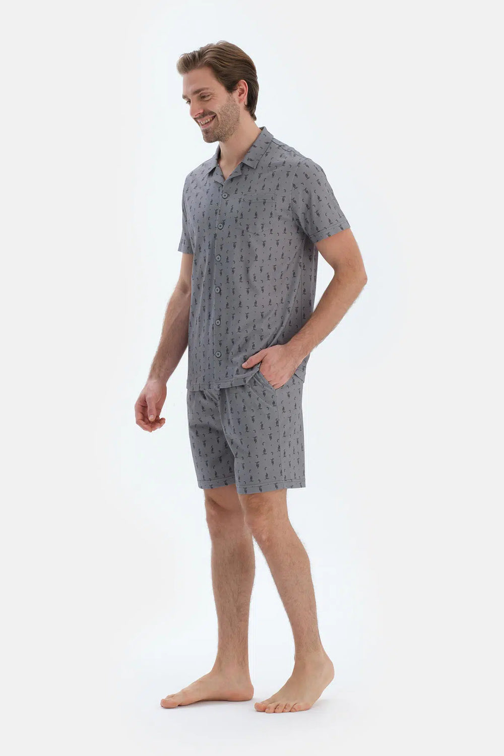 Gri Metraj Baskılı Gömlek Şort Pijama Takımı