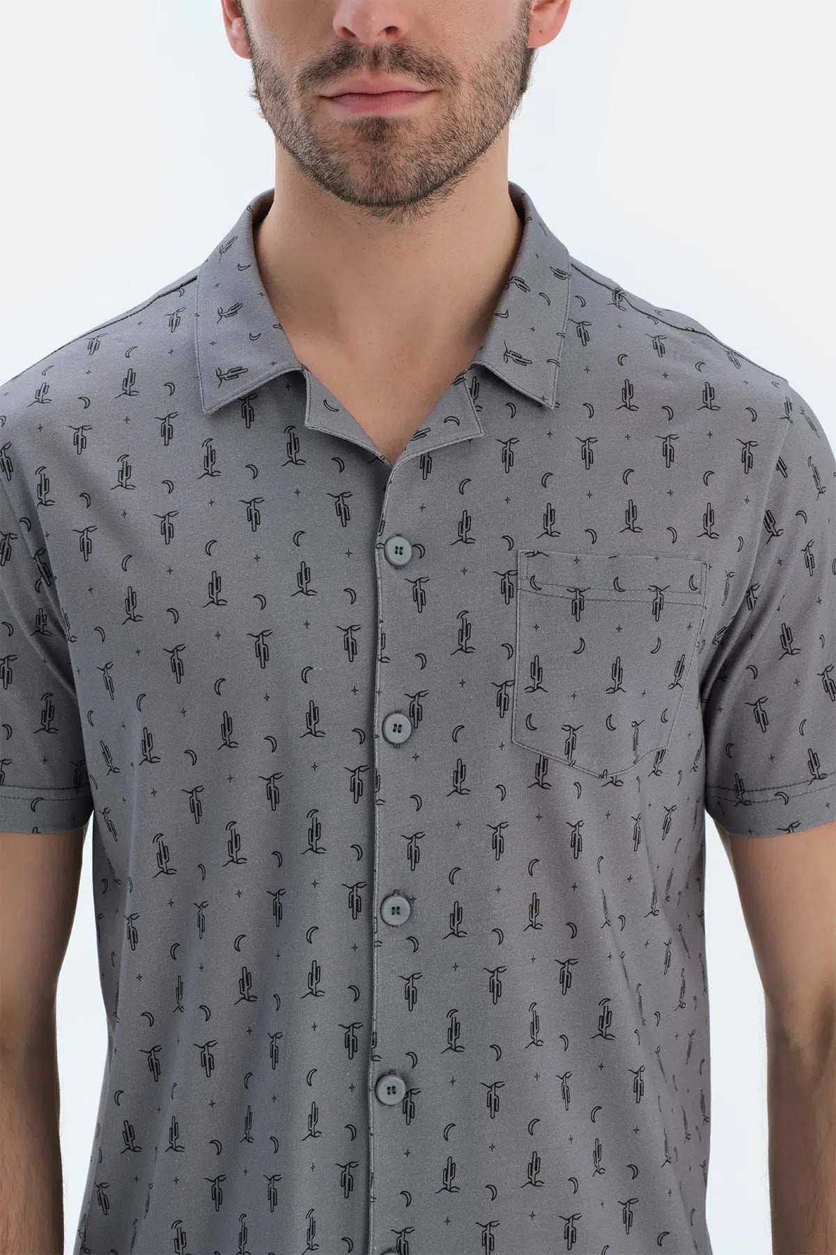 Gri Metraj Baskılı Gömlek Şort Pijama Takımı