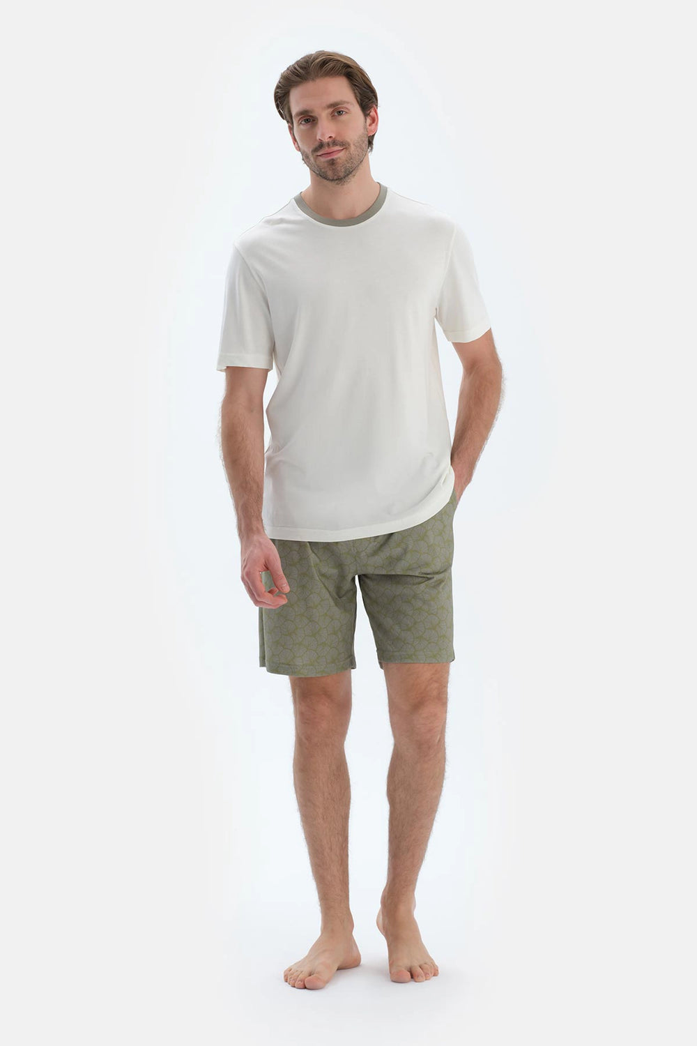 Ekru Kısa Kollu Tişört Şort Pijama Takımı