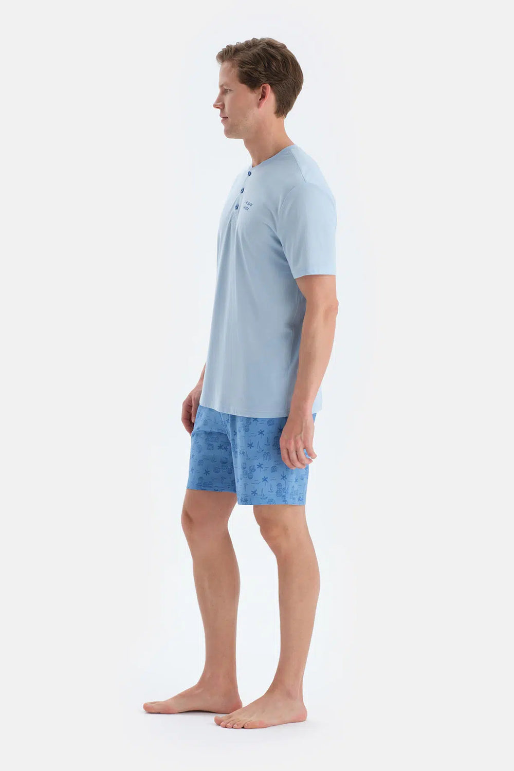 Mavi Baskı Detaylı Kısa Kollu Tişört Şort Pijama Takımı