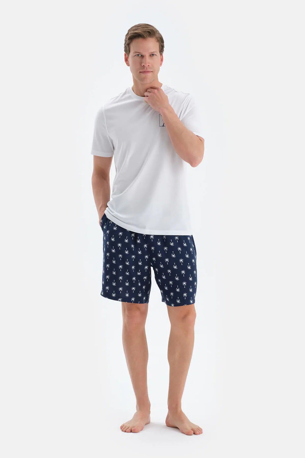 Ekru Baskı Detaylı Bisiklet Yaka Tişört Şort Pijama Takımı