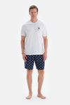 Ekru Baskı Detaylı Bisiklet Yaka Tişört Şort Pijama Takımı