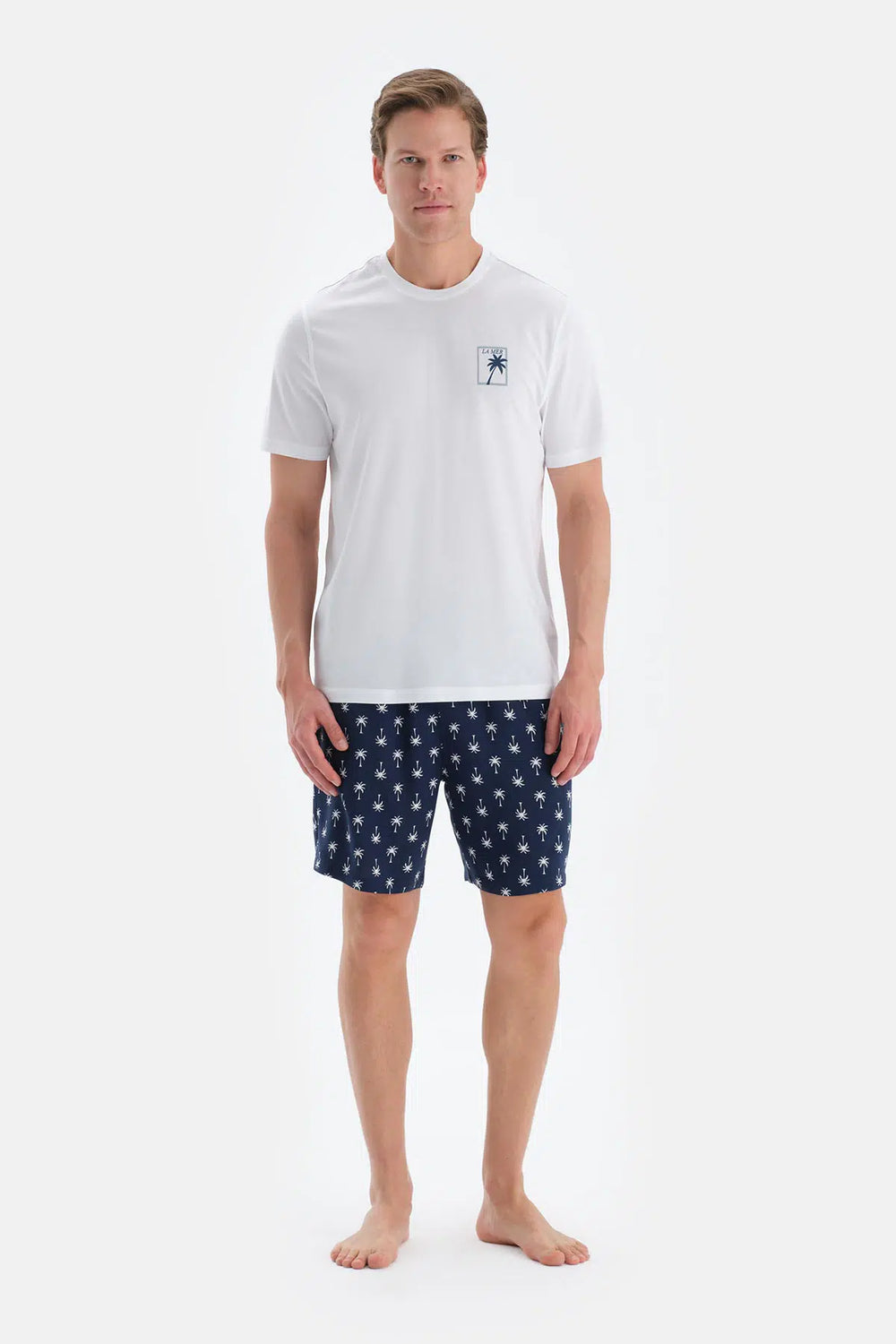 Ekru Baskı Detaylı Bisiklet Yaka Tişört Şort Pijama Takımı