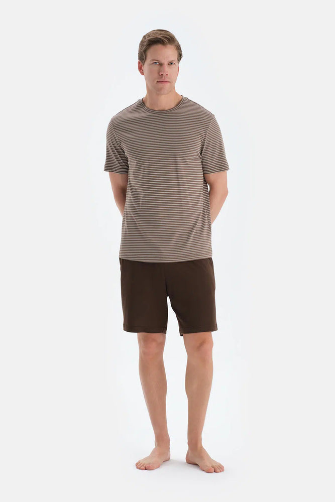 Açık Kahve Çizgili Kısa Kollu Tişört Şort Pijama Takımı