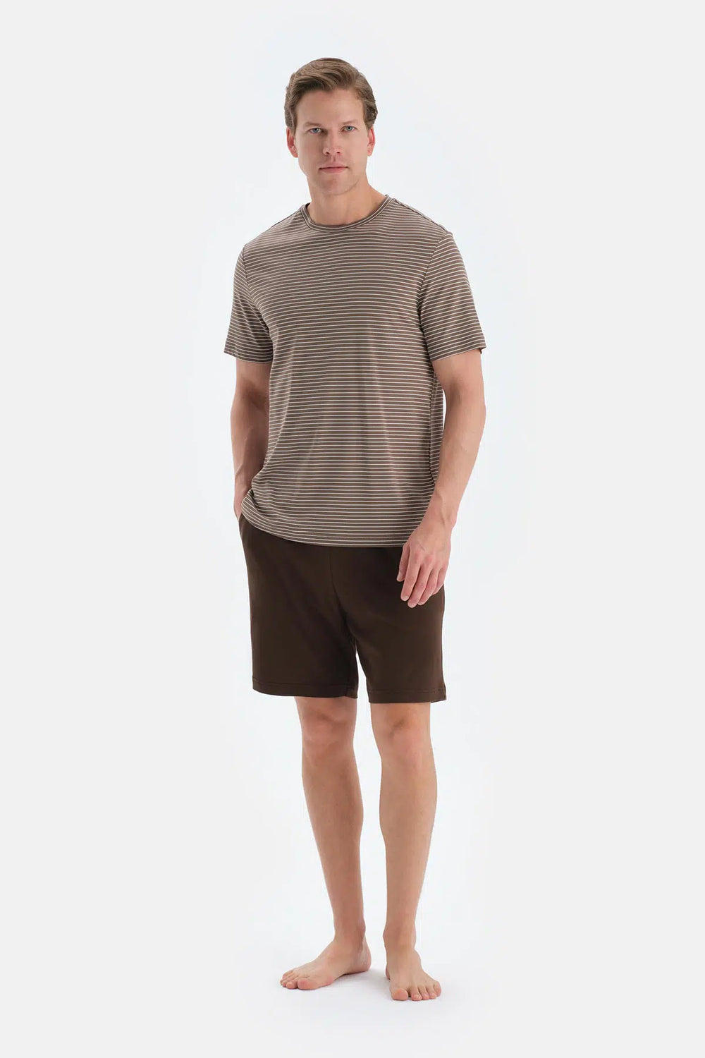 Açık Kahve Çizgili Kısa Kollu Tişört Şort Pijama Takımı