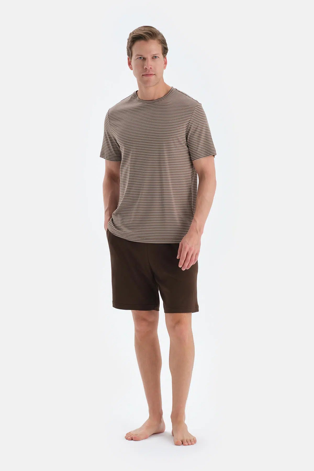 Açık Kahve Çizgili Kısa Kollu Tişört Şort Pijama Takımı