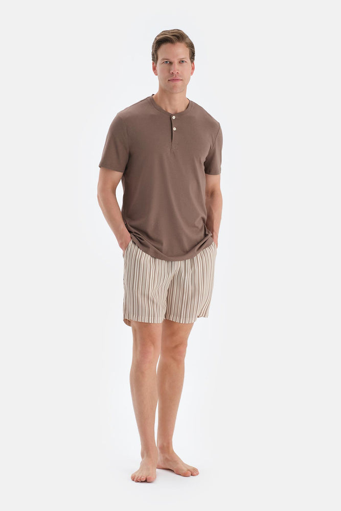 Açık Kahve Yarım Patlı Kısa Kollu Tişört Şort Pijama Takımı