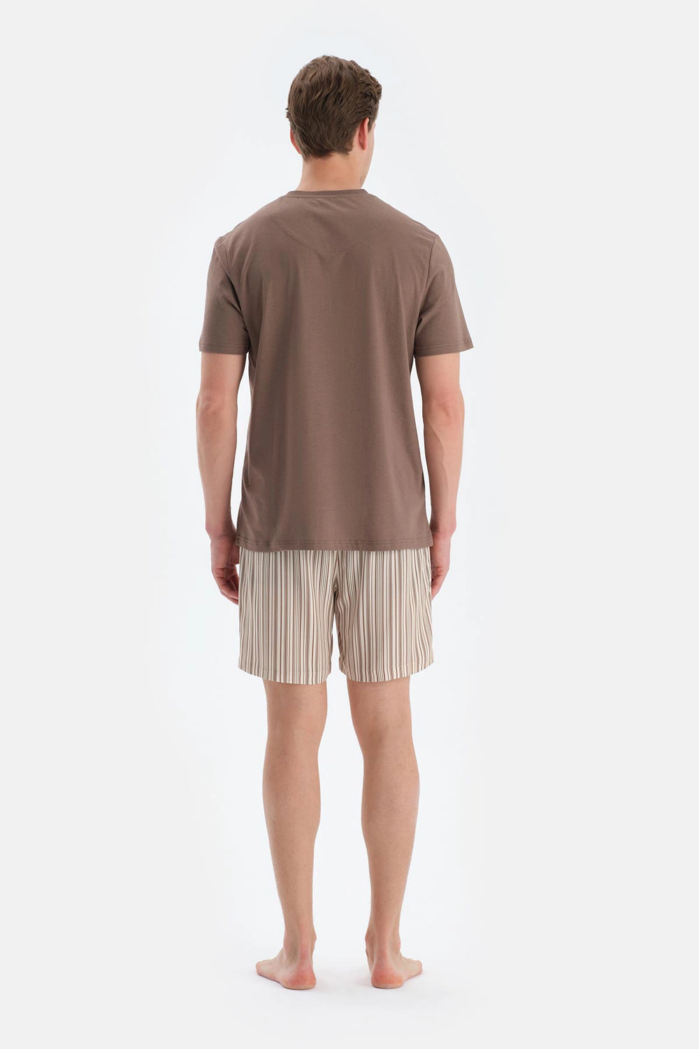 Açık Kahve Yarım Patlı Kısa Kollu Tişört Şort Pijama Takımı