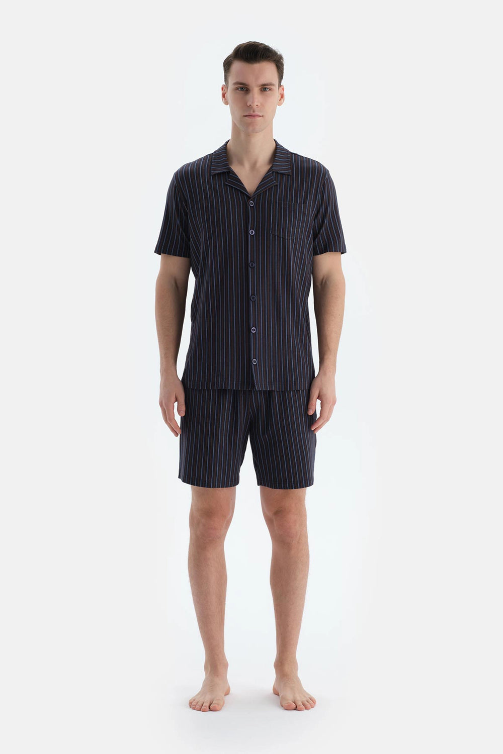 Lacivert Çizgili Gömlek Şort Pijama Takımı