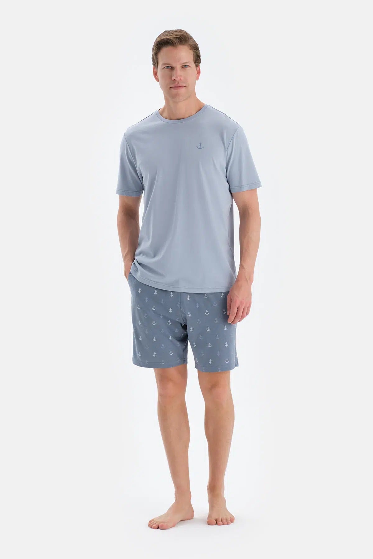 Açık Mavi Baskı Detaylı Kısa Kollu Tişört Şort Pijama Takımı