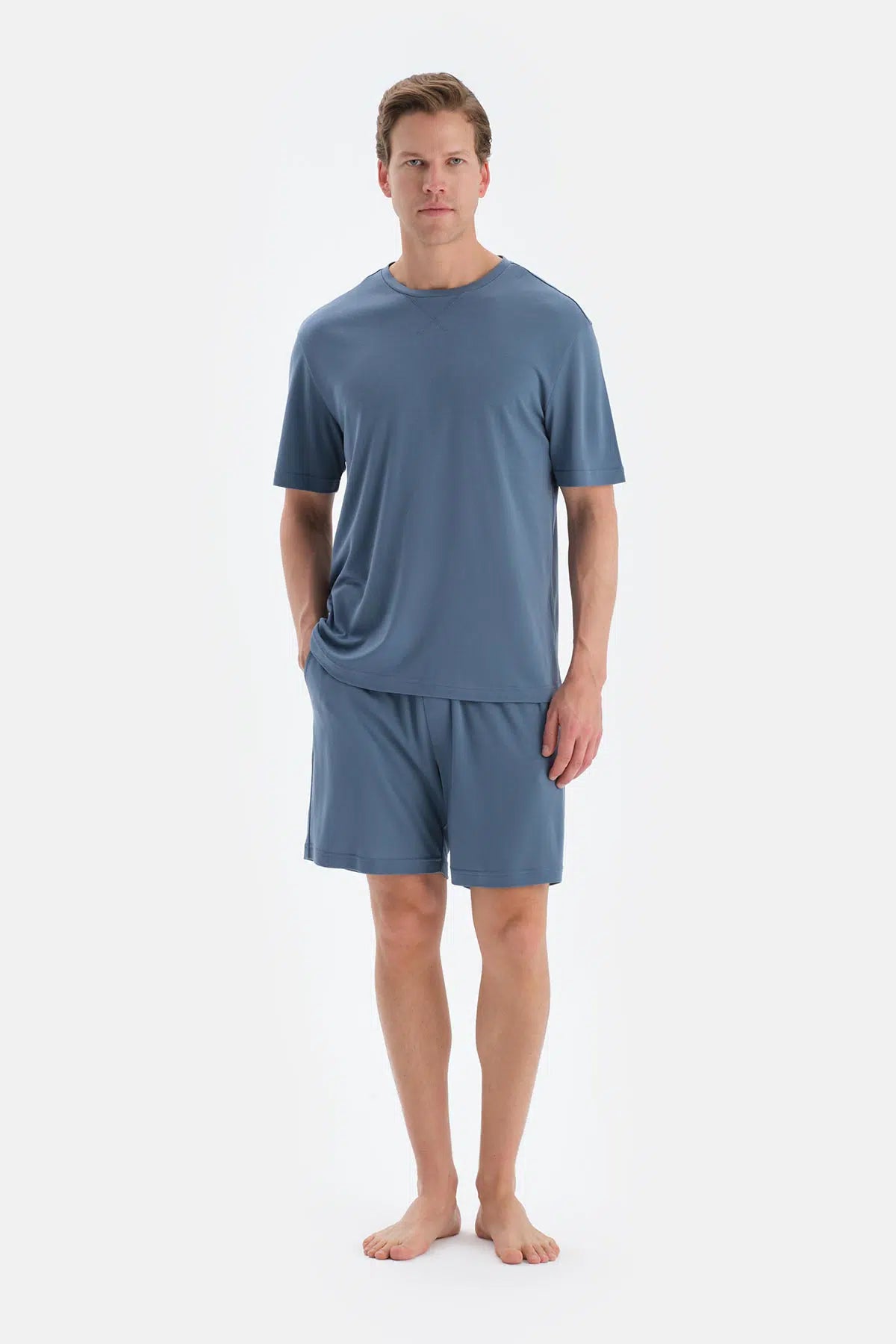 Mavi Cool Touch Dikiş Detaylı Tişört Şort Pijama Takımı