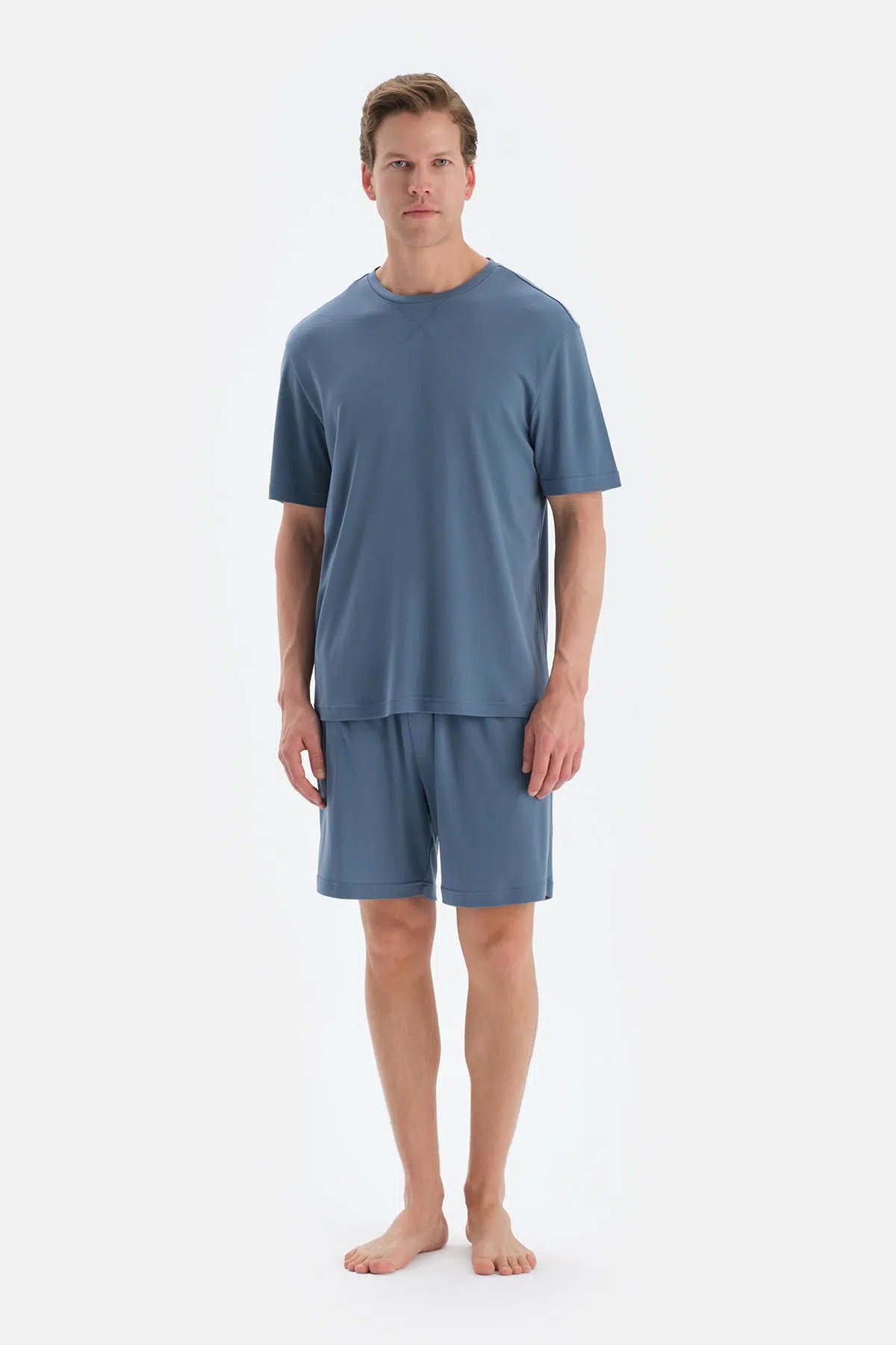 Mavi Cool Touch Dikiş Detaylı Tişört Şort Pijama Takımı