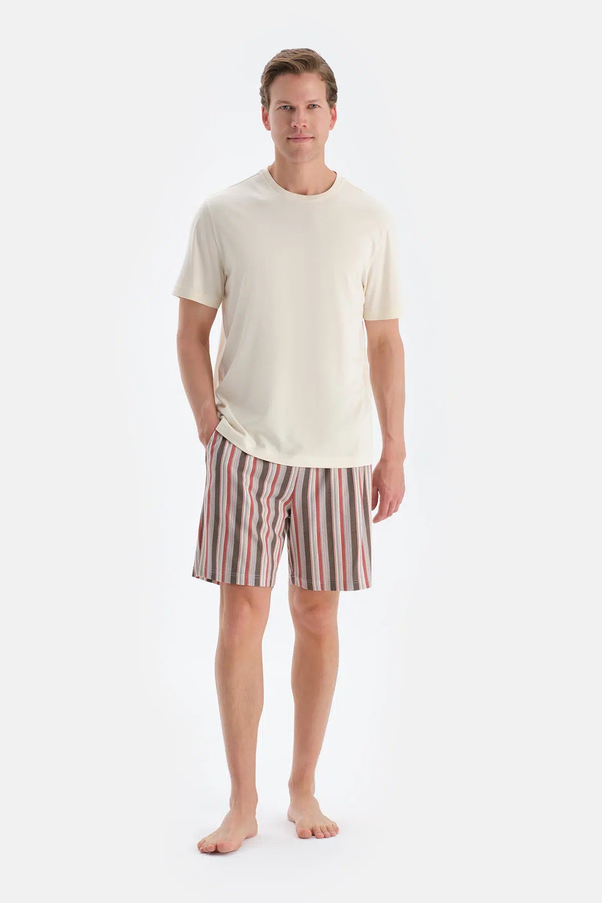 Ekru Kısa Kollu Tişört Şort Pijama Takımı