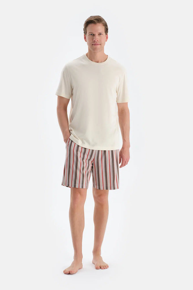 Ekru Kısa Kollu Tişört Şort Pijama Takımı