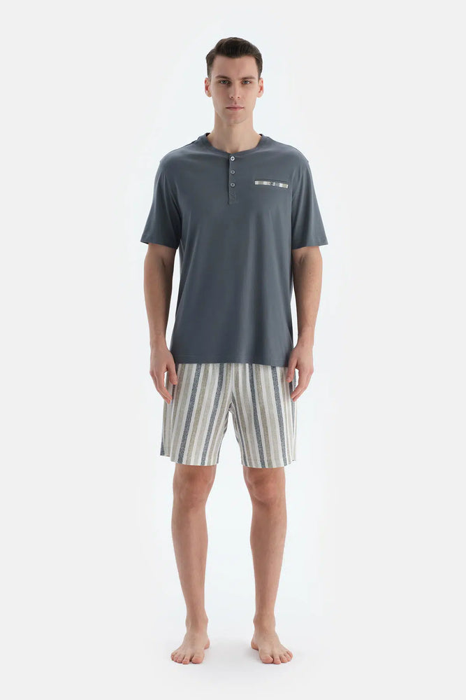 Indigo Pat Ve Fleto Cep Detaylı Tişört Şort Pijama Takımı